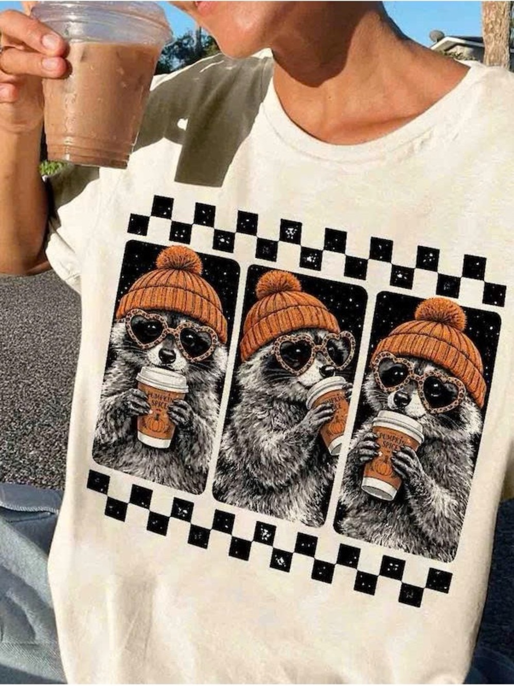 Gildan Cream Graphic Tee with Orange Beanie Raccoon Trio